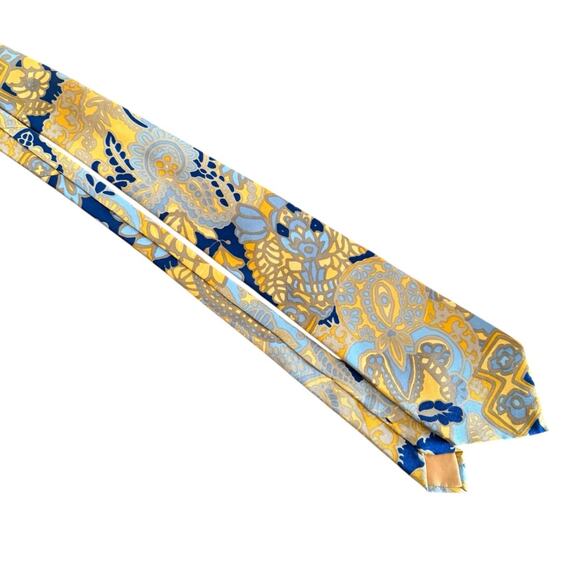 Vintage LANVIN Silk Tie 70s EUC Yellow Gold Blue France Abstract Floral Paisley - Picture 4 of 7